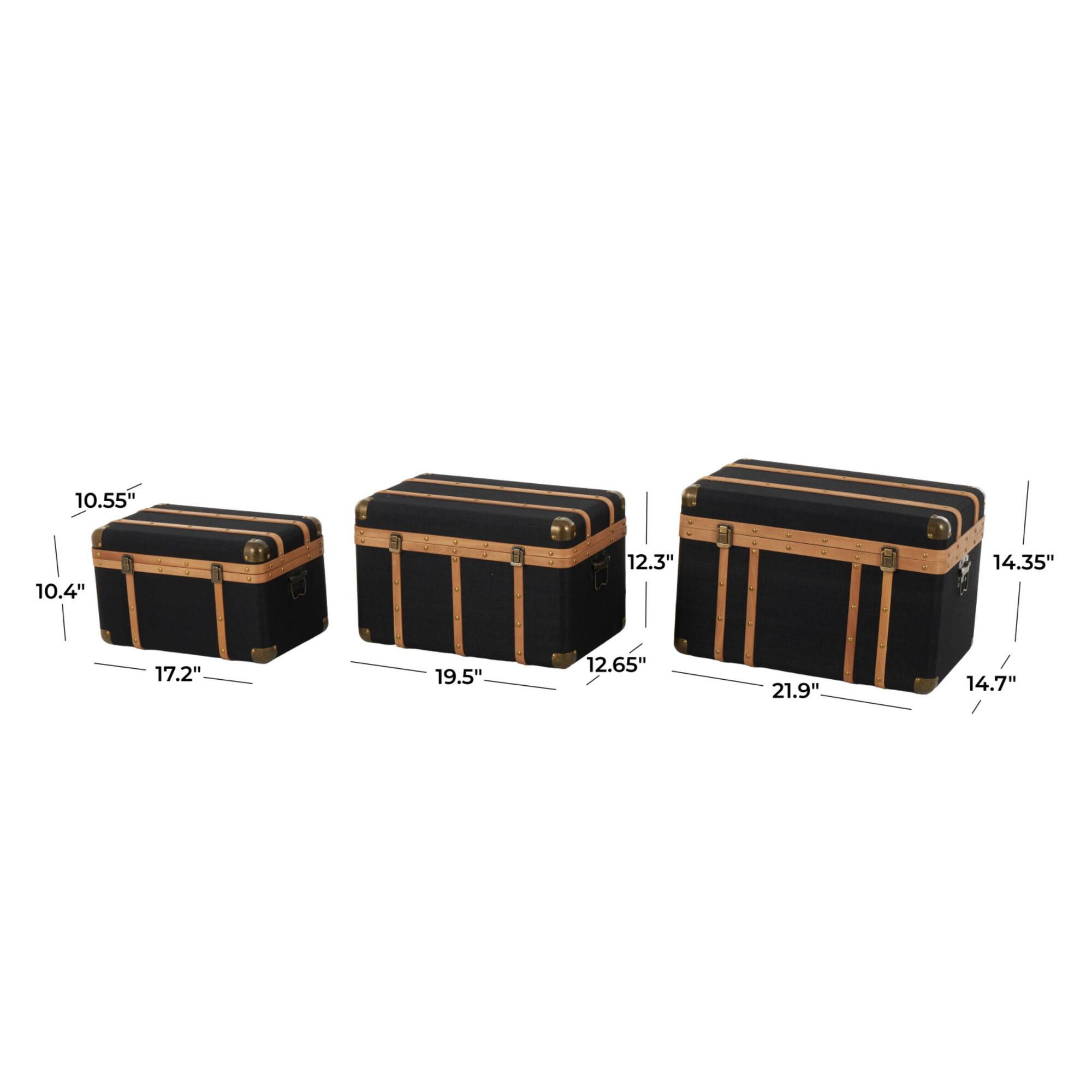 Black Fabric Decorative Trunk Set with Brass Metal Latches